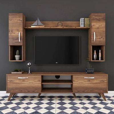 Home Canvas Tv Unit With Wall Shelf Tv Stand With Bookshelf Wall Mounted With Shelf Modern Leg 180 Cm - Walnut