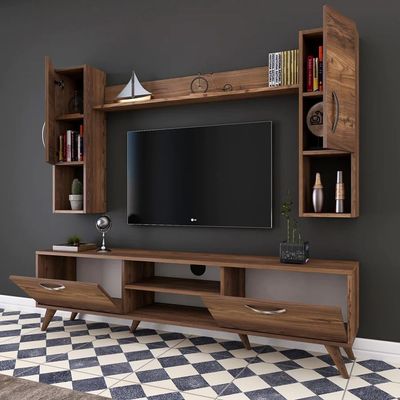 Home Canvas Tv Unit With Wall Shelf Tv Stand With Bookshelf Wall Mounted With Shelf Modern Leg 180 Cm - Walnut