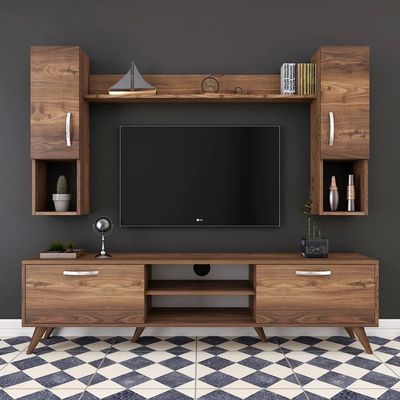 Tv Unit With Wall Shelf Tv Stand With Bookshelf Wall Mounted With Shelf Modern Leg 180 Cm - Walnut