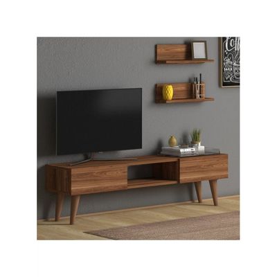 Home Canvas Atlantis Modern Tv Stand For Living Room, Tv Unit Media With Wall Mount Shelf - Walnut