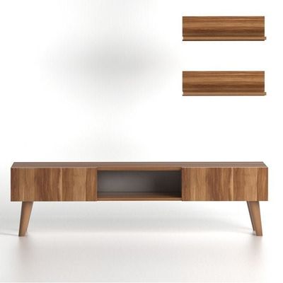 Home Canvas Atlantis Modern Tv Stand For Living Room, Tv Unit Media With Wall Mount Shelf - Walnut