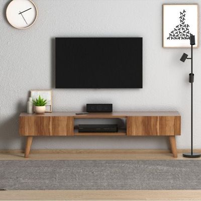 Home Canvas Atlantis Modern Tv Stand For Living Room, Tv Unit Media With Wall Mount Shelf - Walnut