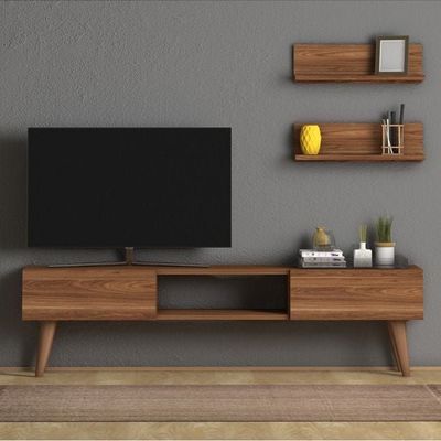 Home Canvas Atlantis Modern Tv Stand For Living Room, Tv Unit Media With Wall Mount Shelf - Walnut