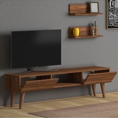 Home Canvas Atlantis Modern Tv Stand For Living Room, Tv Unit Media With Wall Mount Shelf - Walnut