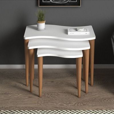 Home Canvas Gofrato Nested Coffee Table Set Of Three For Living Room Home Office Contemporary Stacking End Side Table Leisure Night Stand Wooden Legs Telephone Table- White