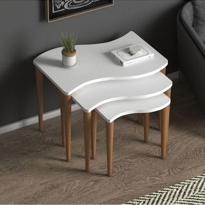 Home Canvas Gofrato Nested Coffee Table Set Of Three For Living Room Home Office Contemporary Stacking End Side Table Leisure Night Stand Wooden Legs Telephone Table- White