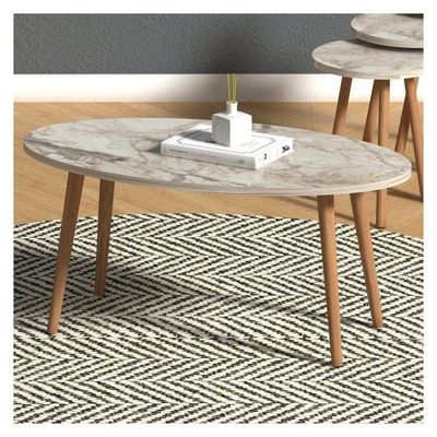 Elips Made In Turkey Modern Coffee Table And Nest Of Three Table Set Centre Table For Living Room, Easy Assembly Wood Legs - Cream