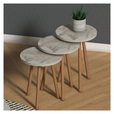 Elips Made In Turkey Modern Coffee Table And Nest Of Three Table Set Centre Table For Living Room, Easy Assembly Wood Legs - Cream