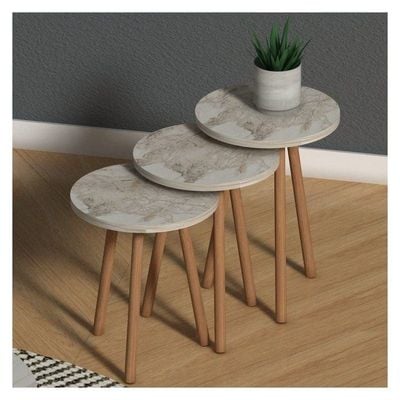 Elips Made In Turkey Modern Coffee Table And Nest Of Three Table Set Centre Table For Living Room, Easy Assembly Wood Legs - Cream