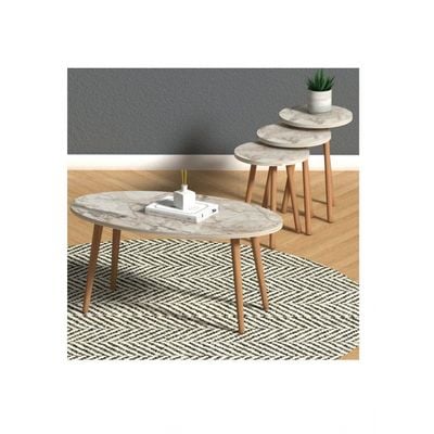 Elips Made In Turkey Modern Coffee Table And Nest Of Three Table Set Centre Table For Living Room, Easy Assembly Wood Legs - Cream