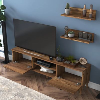 Home Canvas Stand With Wall Shelf Tv Unit With Bookshelf Modern Pedestal Design 150 Cm - Walnut