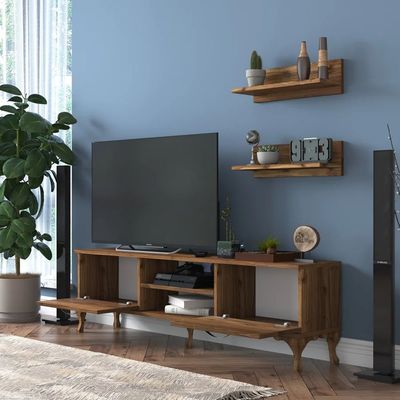 Home Canvas Stand With Wall Shelf Tv Unit With Bookshelf Modern Pedestal Design 150 Cm - Walnut