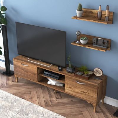 Home Canvas Stand With Wall Shelf Tv Unit With Bookshelf Modern Pedestal Design 150 Cm - Walnut