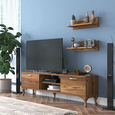 Home Canvas Stand With Wall Shelf Tv Unit With Bookshelf Modern Pedestal Design 150 Cm - Walnut