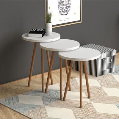 Roma Nested Coffee Table Set Of Three For Living Room Home Office Contemporary Stacking End Side Table Leisure Night Stand Wood Legs Telephone Table White