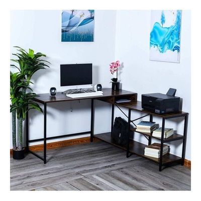 L-Shaped Computer Desk Table With Shelves Brown 140x75x50cm