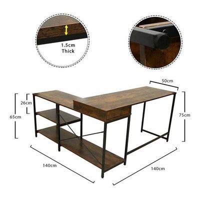 L-Shaped Computer Desk Table With Shelves Brown 140x75x50cm