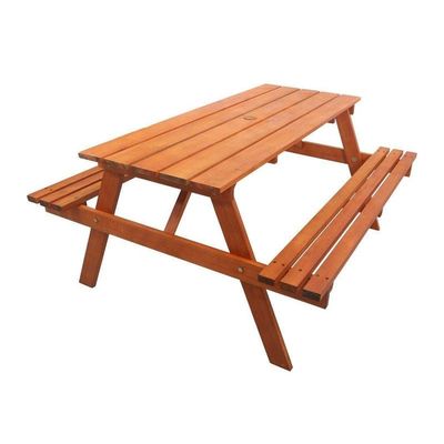 Outdoor Wooden Table & Bench Set With Umbrella Hole, Kids Backyard Furniture A-shape frame Bench Outdoor Backyard Garden Furniture Picnic table