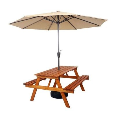 Outdoor Wooden Table & Bench Set With Umbrella Hole, Kids Backyard Furniture A-shape frame Bench Outdoor Backyard Garden Furniture Picnic table