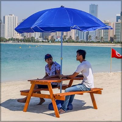 Outdoor Wooden Table & Bench Set With Umbrella Hole, Kids Backyard Furniture A-shape frame Bench Outdoor Backyard Garden Furniture Picnic table