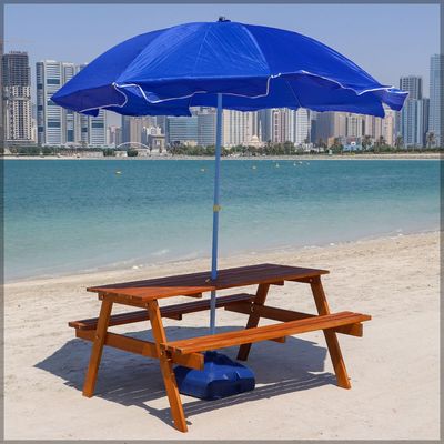 Outdoor Wooden Table & Bench Set With Umbrella Hole, Kids Backyard Furniture A-shape frame Bench Outdoor Backyard Garden Furniture Picnic table