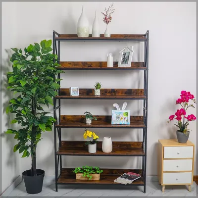 6-Tier Wooden Shelf With Metal Frame Rack