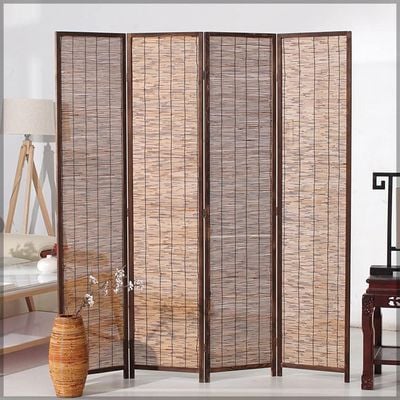 Room Divider Folding Privacy Screen 4 Panel Bamboo Wood Mesh Design Folding Partition Wall Divider