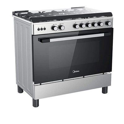 Midea 5 Burner Gas Cooker 90x60 cm, SABAF Italian Burners and Convection Fan for Oven, Cast Iron Pan Support, Full Safety, 1 year warranty LME95030FFD-C Silver/Black