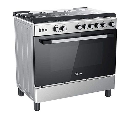 Midea 5 Burner Gas Cooker 90x60 cm, SABAF Italian Burners and Convection Fan for Oven, Cast Iron Pan Support, Full Safety, 1 year warranty LME95030FFD-C Silver/Black