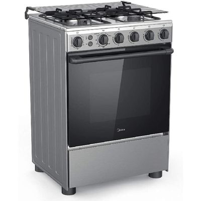 Midea 4 Burner Gas Cooker 60 x 60 cm, Full Safety, Auto Ignition, Rotisserie, Thermostat, Separate Knob for Oven and Grill,1 year Warranty BME62058-FFD-D Silver/Black