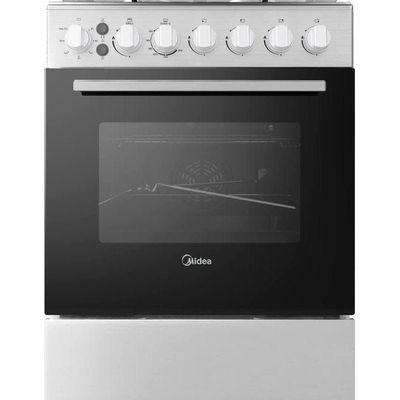 Midea Freestanding Cooker With Convection Fan Gas 4 Burners Automatic Ignition & Full Safety Cast Iron Pan Support Double Knob For Grill & Oven Control EME6060-C Silver