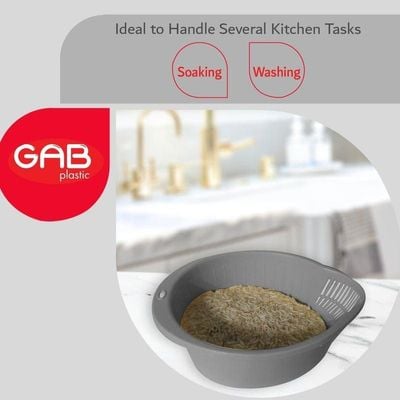 GAB Plastic, Rice Colander, Grey, Kitchen Drain Colander, Food Strainer Kitchen and Cooking Accessory, Cleaning, Washing and Draining Rice, Grains, Fruits and Vegetables, Made from BPA-free Plastic