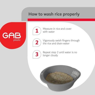 GAB Plastic, Rice Colander, Grey, Kitchen Drain Colander, Food Strainer Kitchen and Cooking Accessory, Cleaning, Washing and Draining Rice, Grains, Fruits and Vegetables, Made from BPA-free Plastic