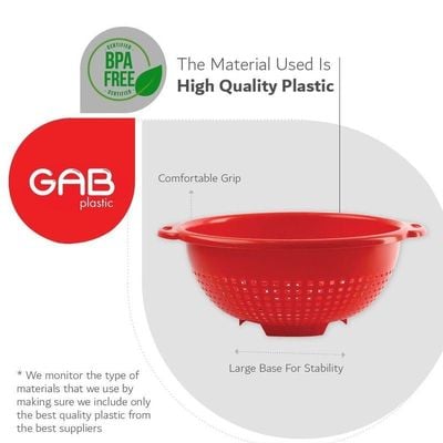 "GAB Plastic, Colander, Red, Kitchen Drain Colander, Food Strainer Kitchen and Cooking Accessory,  Cleaning, Washing and Draining Fruits and Vegetables, Made from BPA-free Plastic"