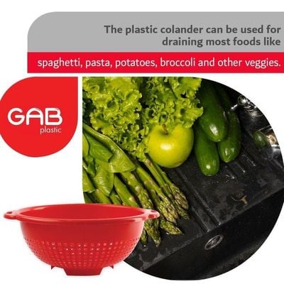 "GAB Plastic, Colander, Red, Kitchen Drain Colander, Food Strainer Kitchen and Cooking Accessory,  Cleaning, Washing and Draining Fruits and Vegetables, Made from BPA-free Plastic"