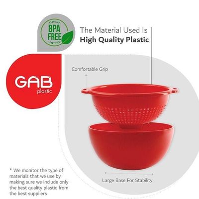 GAB Plastic, Colander with Bowl Set, Drain Colander and washing bowl, Food Strainer Kitchen Accessory, Detachable Colander,
Cleaning Washing, Mixing Fruits and Vegetables, Made from BPA-free Plastic