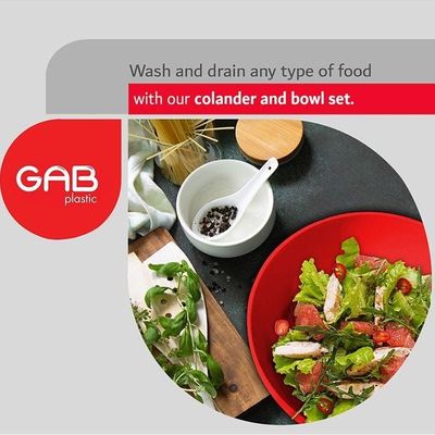 GAB Plastic, Colander with Bowl Set, Drain Colander and washing bowl, Food Strainer Kitchen Accessory, Detachable Colander,
Cleaning Washing, Mixing Fruits and Vegetables, Made from BPA-free Plastic