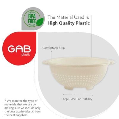 "GAB Plastic, Colander, Beige, Kitchen Drain Colander, Food Strainer Kitchen and Cooking Accessory,  Cleaning, Washing and Draining Fruits and Vegetables, Made from BPA-free Plastic"