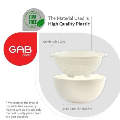 GAB Plastic, Colander with Bowl Set, Drain Colander and washing bowl, Food Strainer Kitchen Accessory, Detachable Colander,
Cleaning Washing, Mixing Fruits and Vegetables, Made from BPA-free Plastic