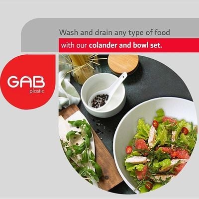 GAB Plastic, Colander with Bowl Set, Drain Colander and washing bowl, Food Strainer Kitchen Accessory, Detachable Colander,
Cleaning Washing, Mixing Fruits and Vegetables, Made from BPA-free Plastic