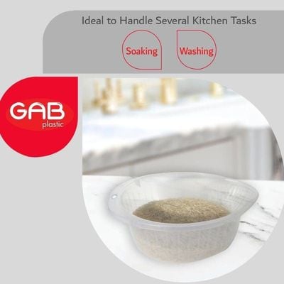 GAB Plastic, Rice Colander, Clear, Kitchen Drain Colander, Food Strainer Kitchen and Cooking Accessory, Cleaning, Washing and Draining Rice, Grains, Fruits and Vegetables, Made from BPA-free Plastic