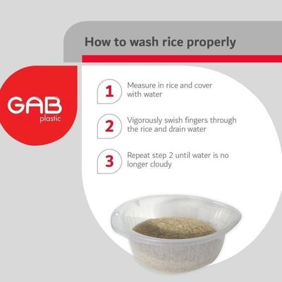 GAB Plastic, Rice Colander, Clear, Kitchen Drain Colander, Food Strainer Kitchen and Cooking Accessory, Cleaning, Washing and Draining Rice, Grains, Fruits and Vegetables, Made from BPA-free Plastic