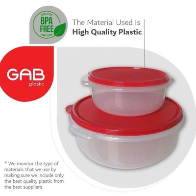 GAB Plastic, Round Food Containers, Red, Set of 2 Food Storage Containers in Different Sizes, Plastic Food Container with Lid, Airtight Kitchen Fridge Container, Sturdy and Durable, BPA-free Plastic.