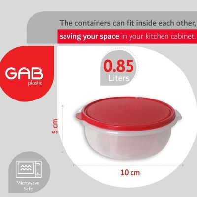 GAB Plastic, Round Food Containers, Red, Set of 2 Food Storage Containers in Different Sizes, Plastic Food Container with Lid, Airtight Kitchen Fridge Container, Sturdy and Durable, BPA-free Plastic.