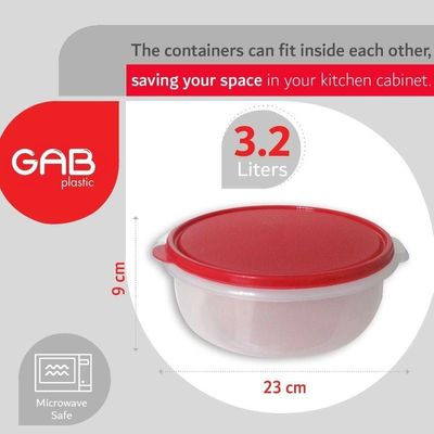 GAB Plastic, Round Food Containers, Red, Set of 2 Food Storage Containers in Different Sizes, Plastic Food Container with Lid, Airtight Kitchen Fridge Container, Sturdy and Durable, BPA-free Plastic.