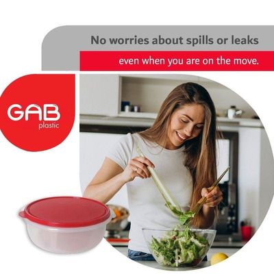 GAB Plastic, Round Food Containers, Red, Set of 2 Food Storage Containers in Different Sizes, Plastic Food Container with Lid, Airtight Kitchen Fridge Container, Sturdy and Durable, BPA-free Plastic.