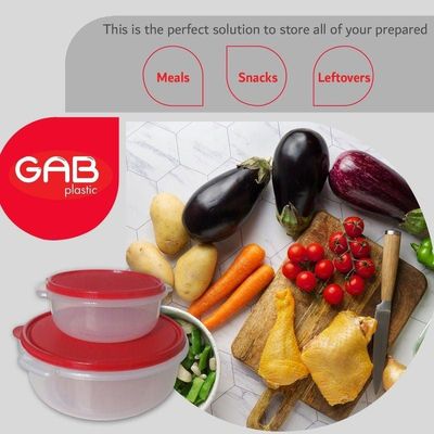 GAB Plastic, Round Food Containers, Red, Set of 2 Food Storage Containers in Different Sizes, Plastic Food Container with Lid, Airtight Kitchen Fridge Container, Sturdy and Durable, BPA-free Plastic.