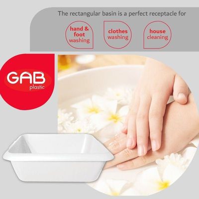 GAB Plastic, Rectangle Basin, White, Plastic Washbasin, Cleaning Accessory, Multipurpose Washing Sink, Medium Plastic Washbowl, Recycled Plastic, Sturdy and Durable.