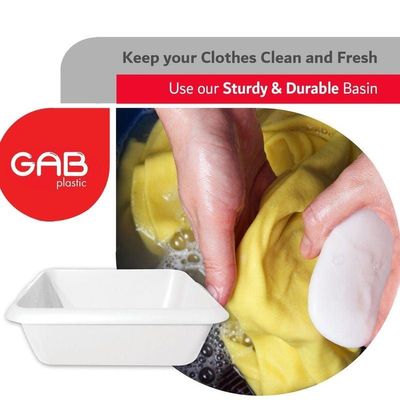 GAB Plastic, Rectangle Basin, White, Plastic Washbasin, Cleaning Accessory, Multipurpose Washing Sink, Medium Plastic Washbowl, Recycled Plastic, Sturdy and Durable.