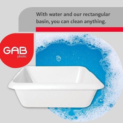 GAB Plastic, Rectangle Basin, White, Plastic Washbasin, Cleaning Accessory, Multipurpose Washing Sink, Medium Plastic Washbowl, Recycled Plastic, Sturdy and Durable.